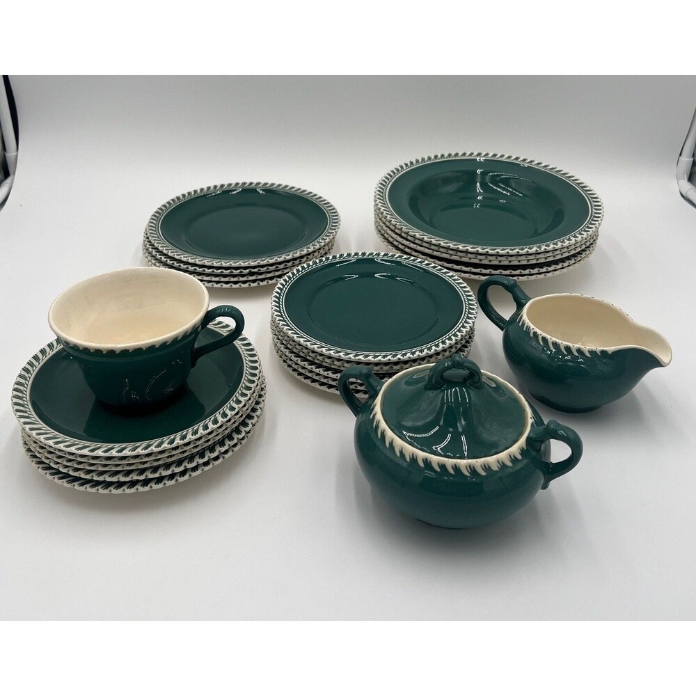 Harkerware Corinthian Pate sur Pate Green Dinnerware Set Creamer Sugar Plates